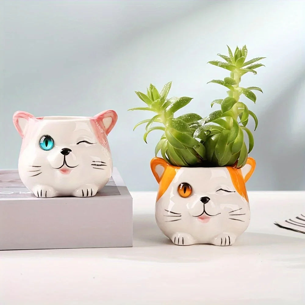 3-Piece Set of Ceramic Cat Shaped Flower Pots, Animal Printed Succulent Flower Pots with Drainage Holes, Desktop Decoration
