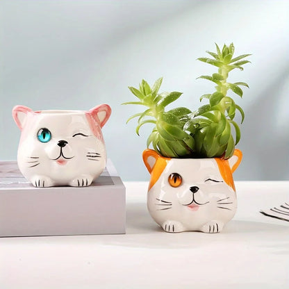 3-Piece Set of Ceramic Cat Shaped Flower Pots, Animal Printed Succulent Flower Pots with Drainage Holes, Desktop Decoration