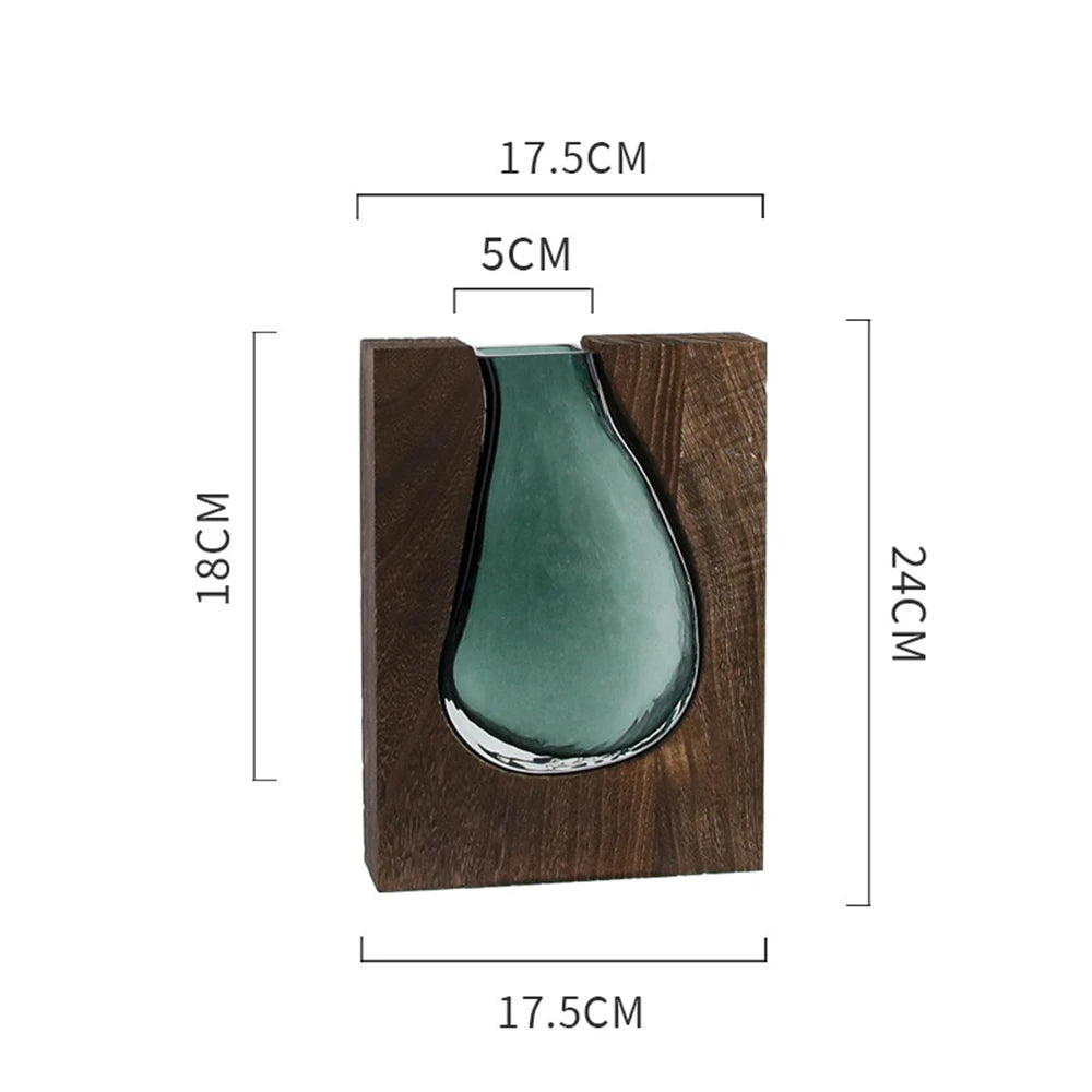 Nordic Flower Vase Luxury Wooden Green Glass Vase Designer Living Room Decoration Flower Pots Decorative Vase for Home Decor