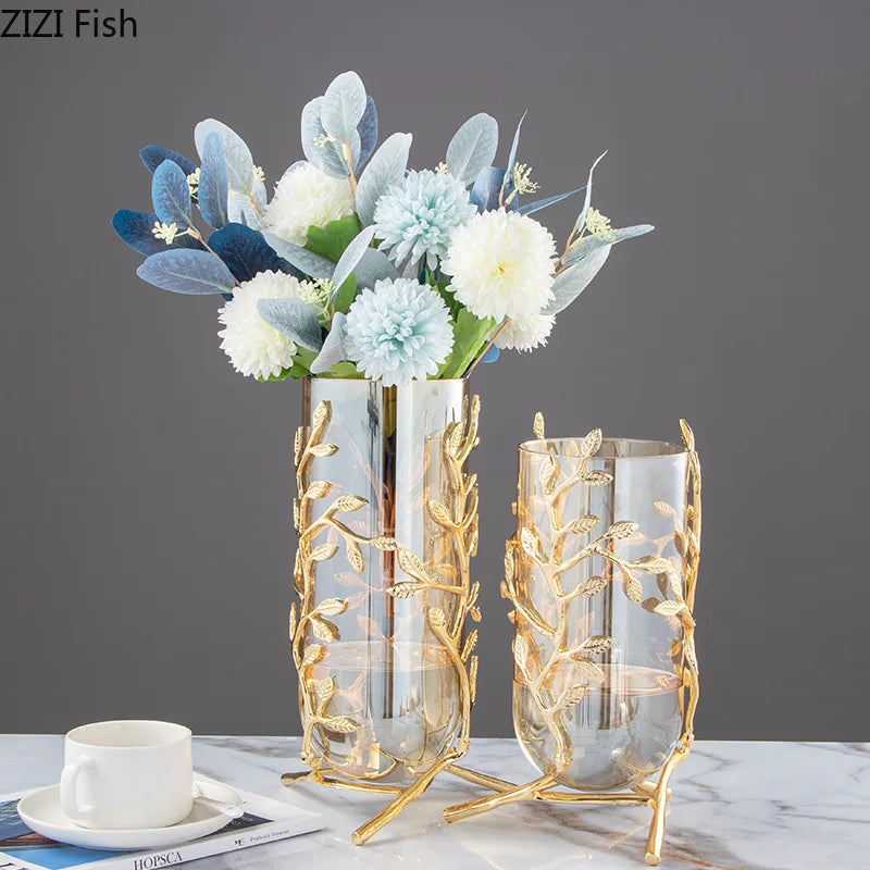 Glass Vase Hollow Gold Metal Frame Branches Rattan Transparent Glass Flower Vase Flower Arrangement Hydroponics Home Decoration