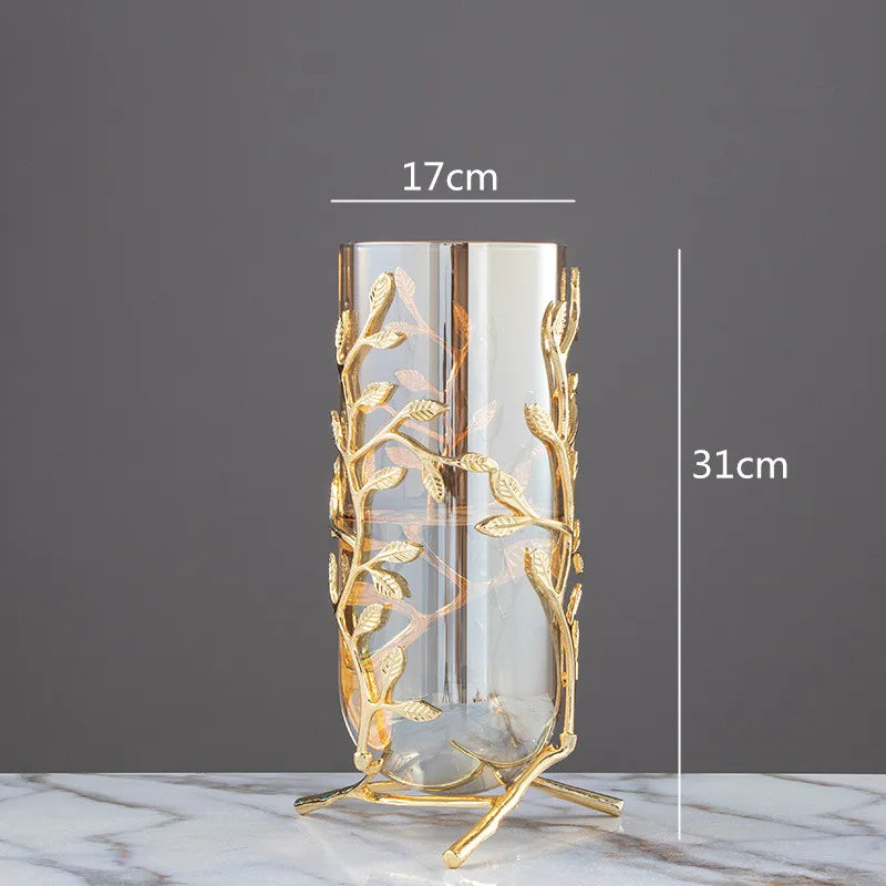 Glass Vase Hollow Gold Metal Frame Branches Rattan Transparent Glass Flower Vase Flower Arrangement Hydroponics Home Decoration