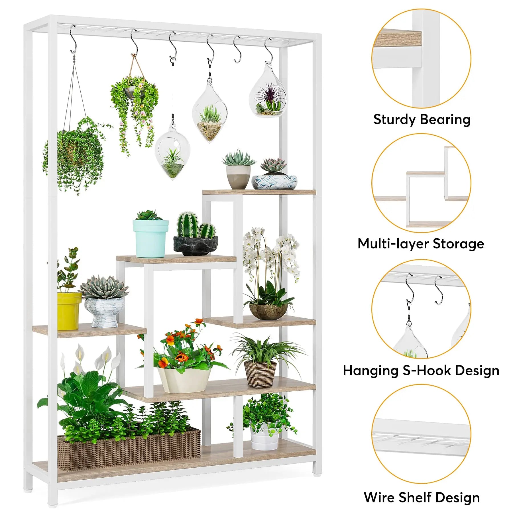 Tribesigns Plant Stand 5 Tier, 180 Cm Tall Plant Stand Indoor, Metal Flower Shelf with 10 PC S Hanging Hooks, Flower Stand