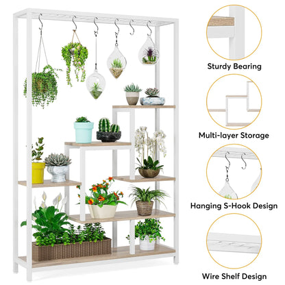 Tribesigns Plant Stand 5 Tier, 180 Cm Tall Plant Stand Indoor, Metal Flower Shelf with 10 PC S Hanging Hooks, Flower Stand