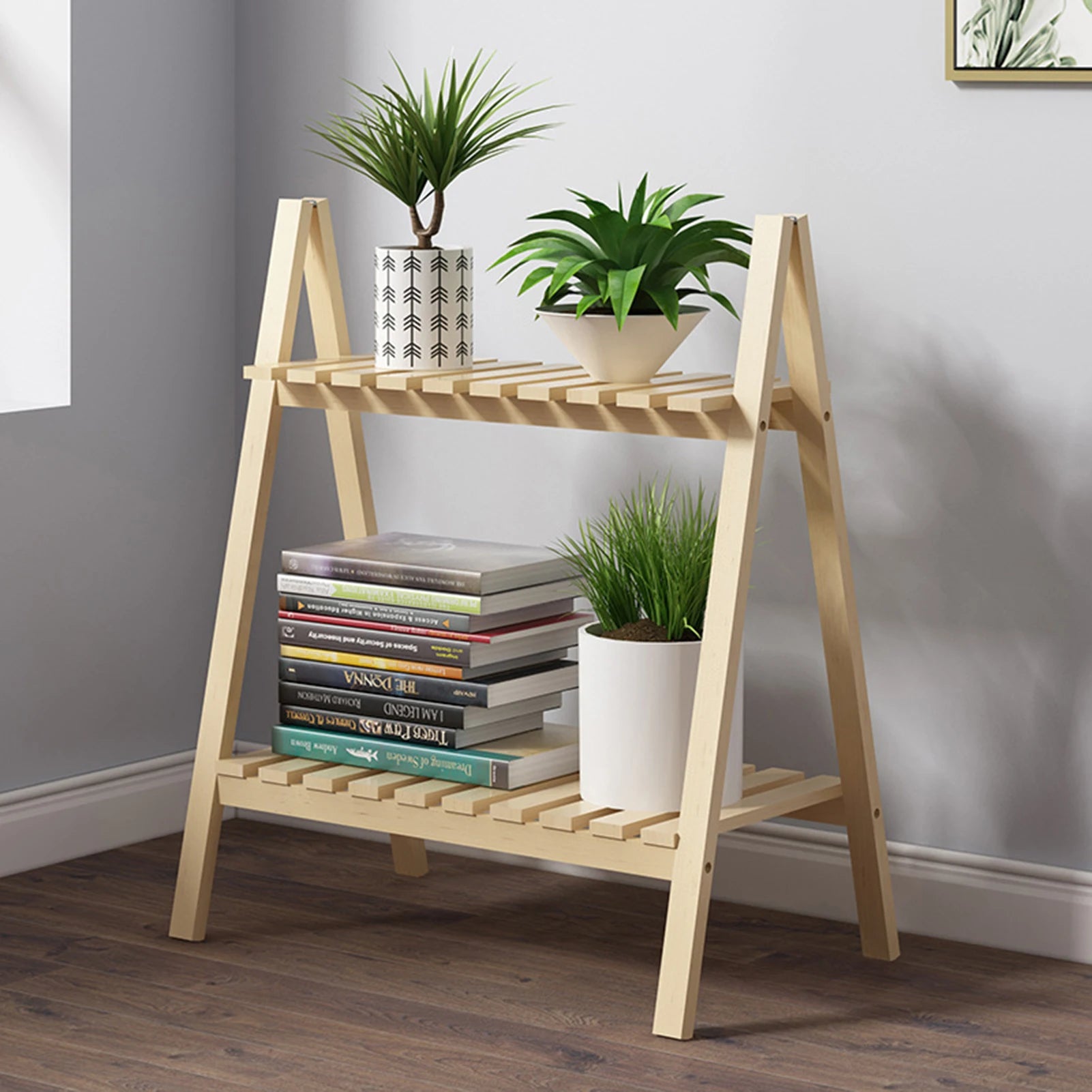 Wooden Plant Stand Rugged and Durable Double-Layer Trapezoidal Design Household 2 Tier Foldable Flower Pot Display Shelf Rack