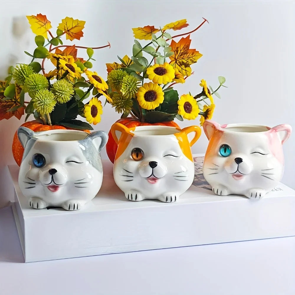 3-Piece Set of Ceramic Cat Shaped Flower Pots, Animal Printed Succulent Flower Pots with Drainage Holes, Desktop Decoration