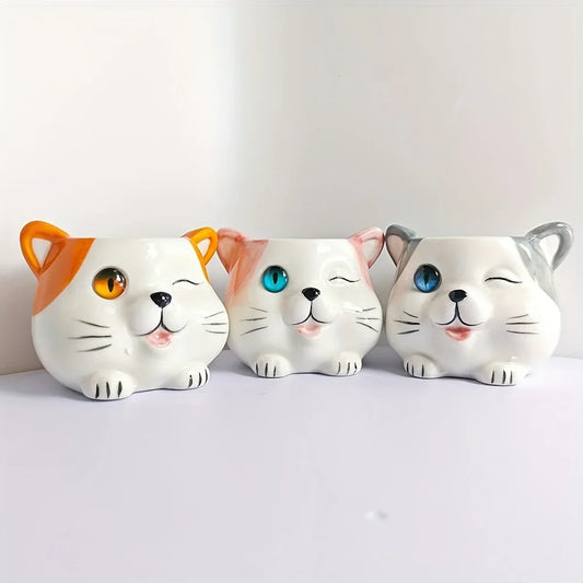 3-Piece Set of Ceramic Cat Shaped Flower Pots, Animal Printed Succulent Flower Pots with Drainage Holes, Desktop Decoration