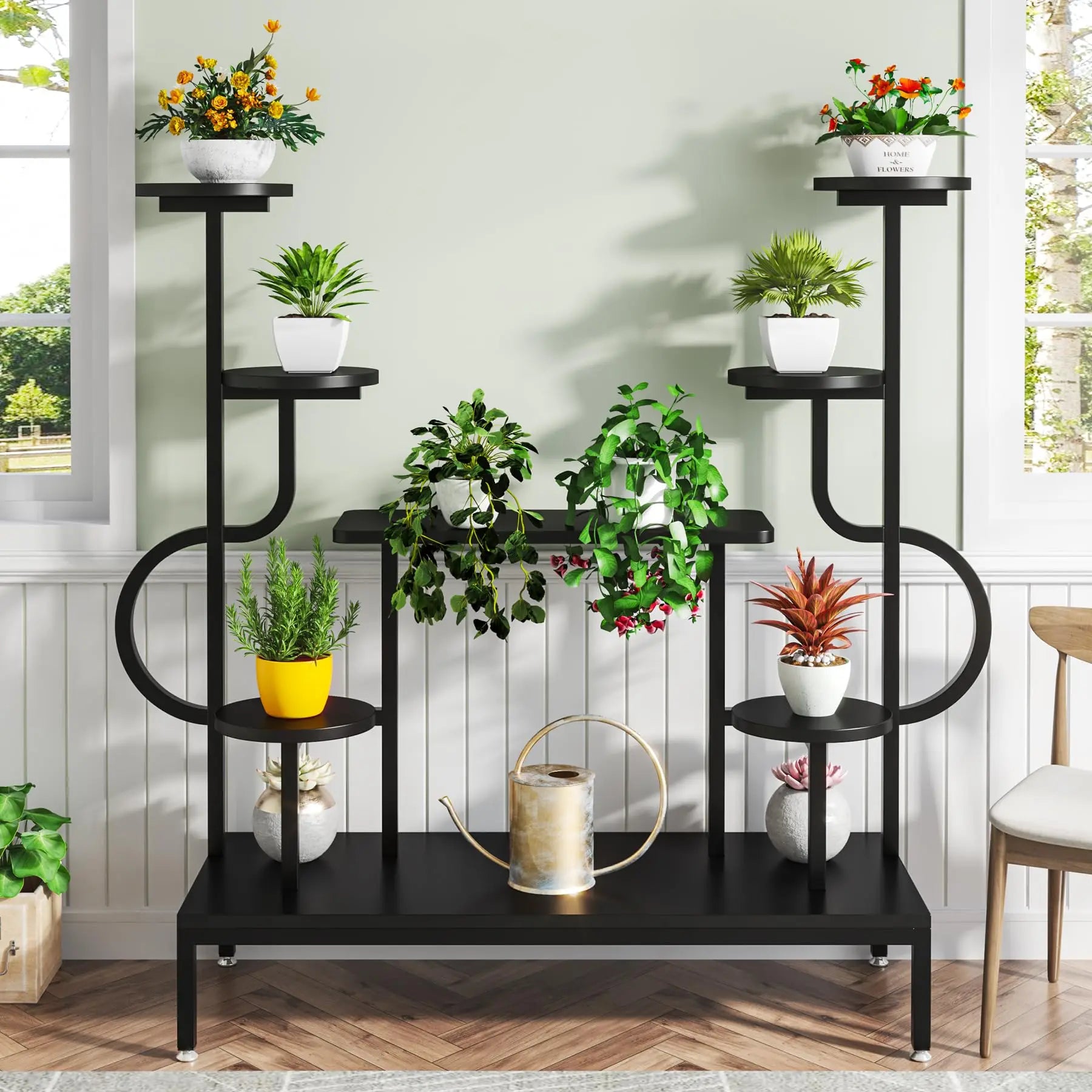 Tribesigns 8-Tier Metal Plant Stand, Large Tall Plant Shelf for Multiple Plants, round & Square Boards, Wood Indoor Ladder Holde