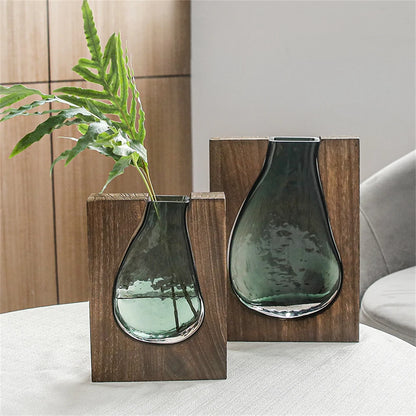 Nordic Flower Vase Luxury Wooden Green Glass Vase Designer Living Room Decoration Flower Pots Decorative Vase for Home Decor