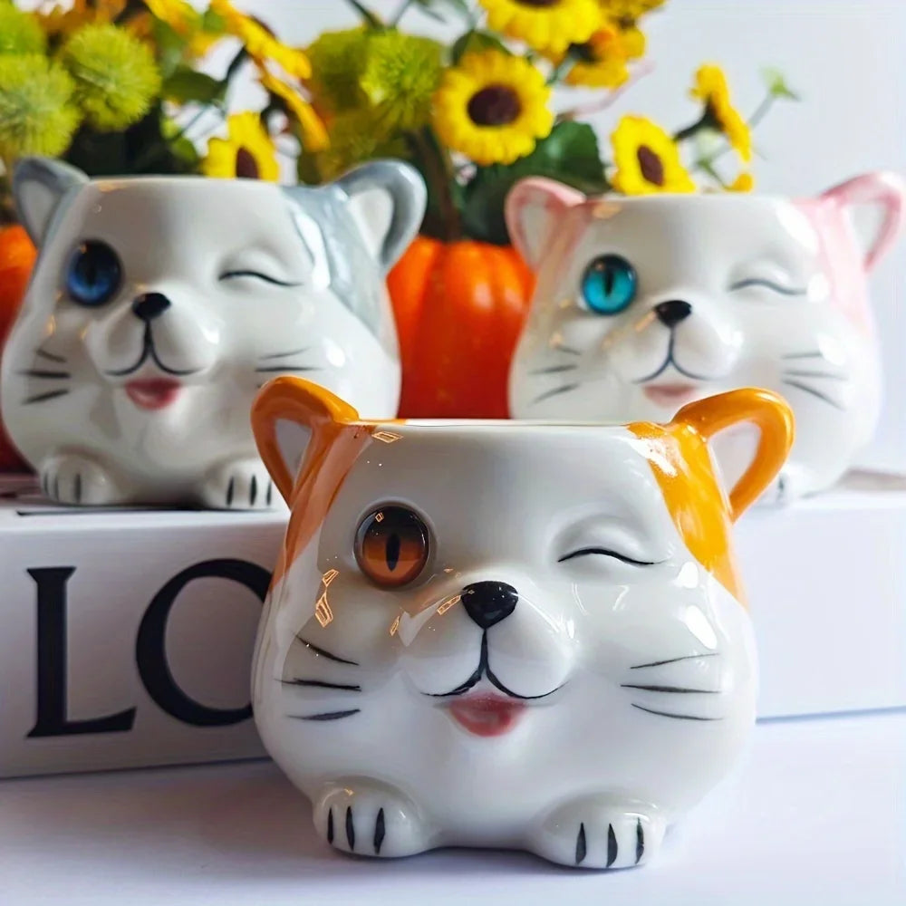 3-Piece Set of Ceramic Cat Shaped Flower Pots, Animal Printed Succulent Flower Pots with Drainage Holes, Desktop Decoration
