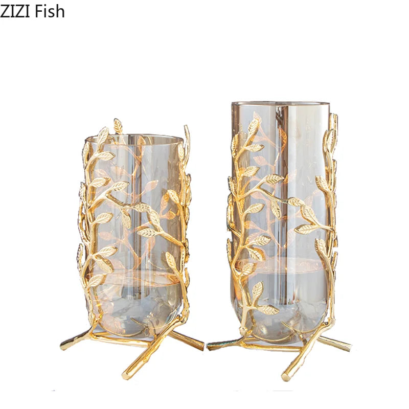 Glass Vase Hollow Gold Metal Frame Branches Rattan Transparent Glass Flower Vase Flower Arrangement Hydroponics Home Decoration