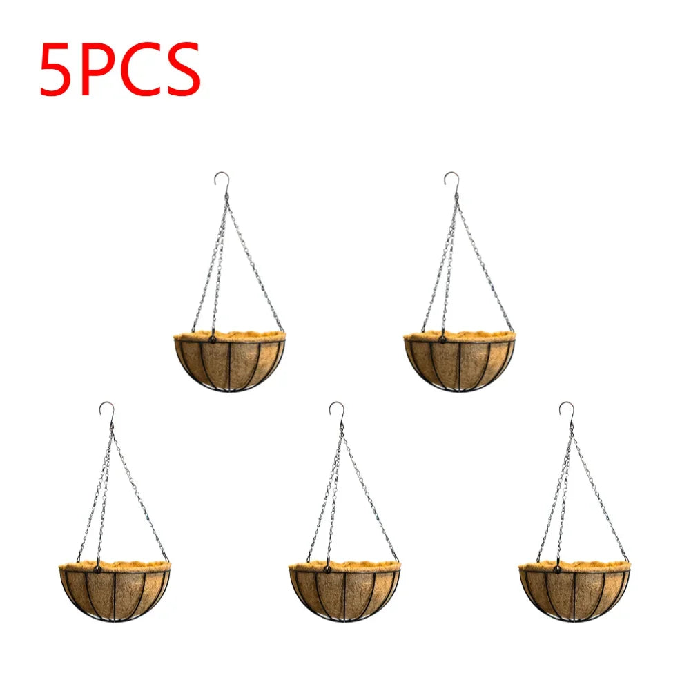 Flower Plant Basket Rattan Planter Iron Coconut Fiber Hooks with Rust-Proof Jacket Art Hanging Pots Outdoor Garden Decoration