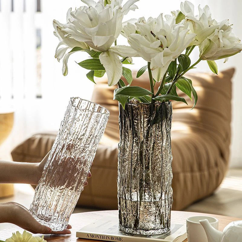 1PCS Minimalist Wind Glacier Vase Transparent Glass Vase Light Luxury High Sense Large Vase Living Room Dining Table Decoration