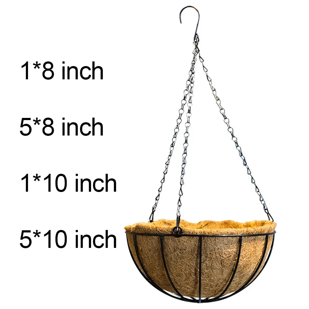Flower Plant Basket Rattan Planter Iron Coconut Fiber Hooks with Rust-Proof Jacket Art Hanging Pots Outdoor Garden Decoration