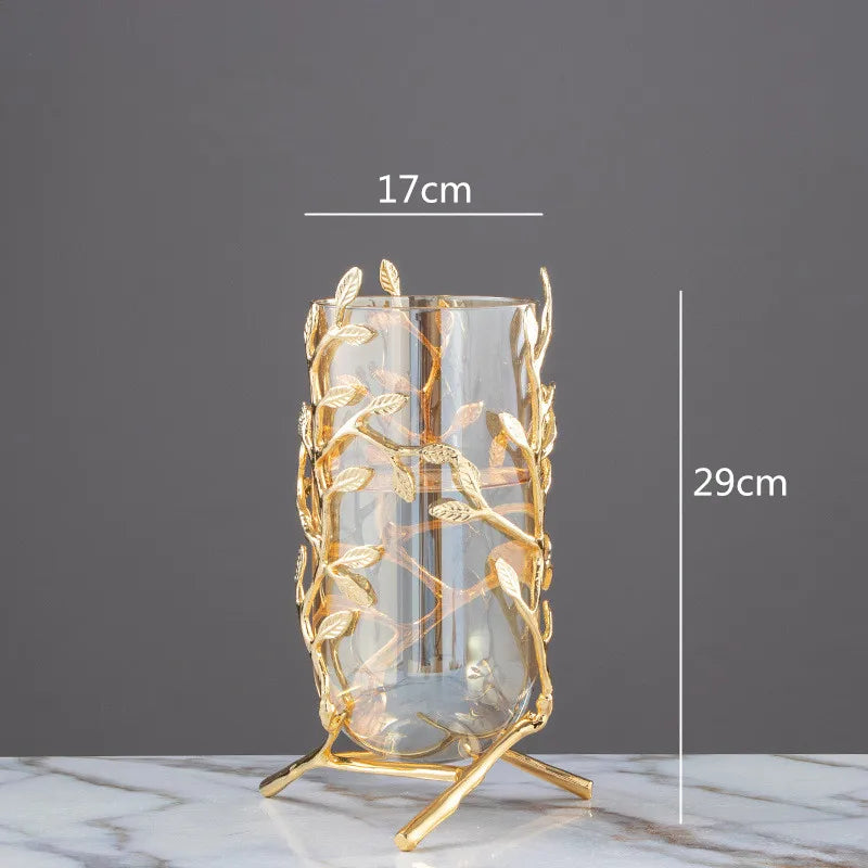 Glass Vase Hollow Gold Metal Frame Branches Rattan Transparent Glass Flower Vase Flower Arrangement Hydroponics Home Decoration