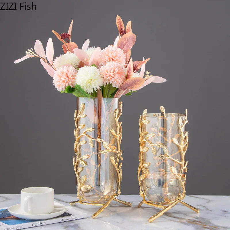 Glass Vase Hollow Gold Metal Frame Branches Rattan Transparent Glass Flower Vase Flower Arrangement Hydroponics Home Decoration
