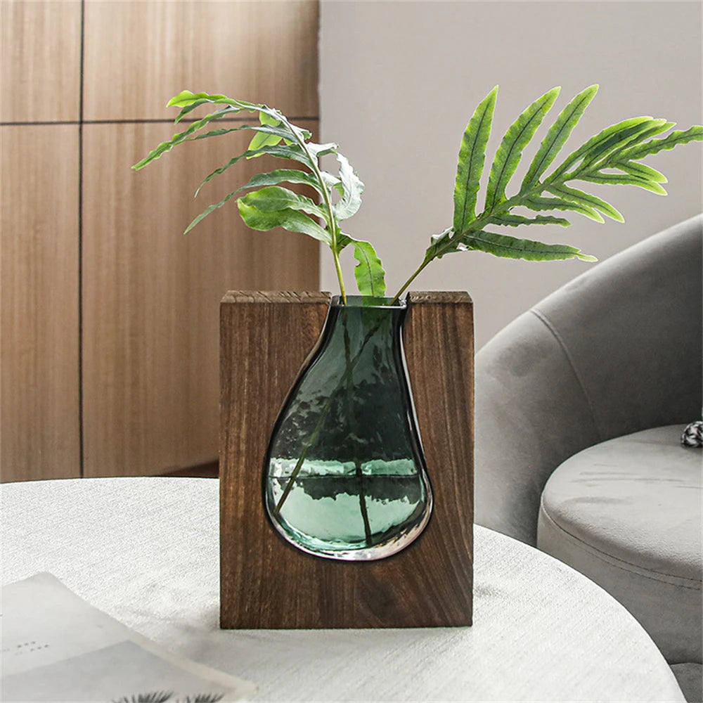 Nordic Flower Vase Luxury Wooden Green Glass Vase Designer Living Room Decoration Flower Pots Decorative Vase for Home Decor