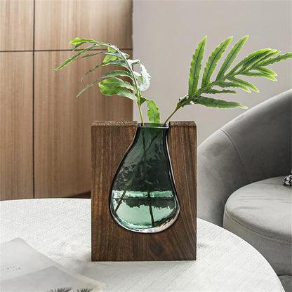 Nordic Flower Vase Luxury Wooden Green Glass Vase Designer Living Room Decoration Flower Pots Decorative Vase for Home Decor