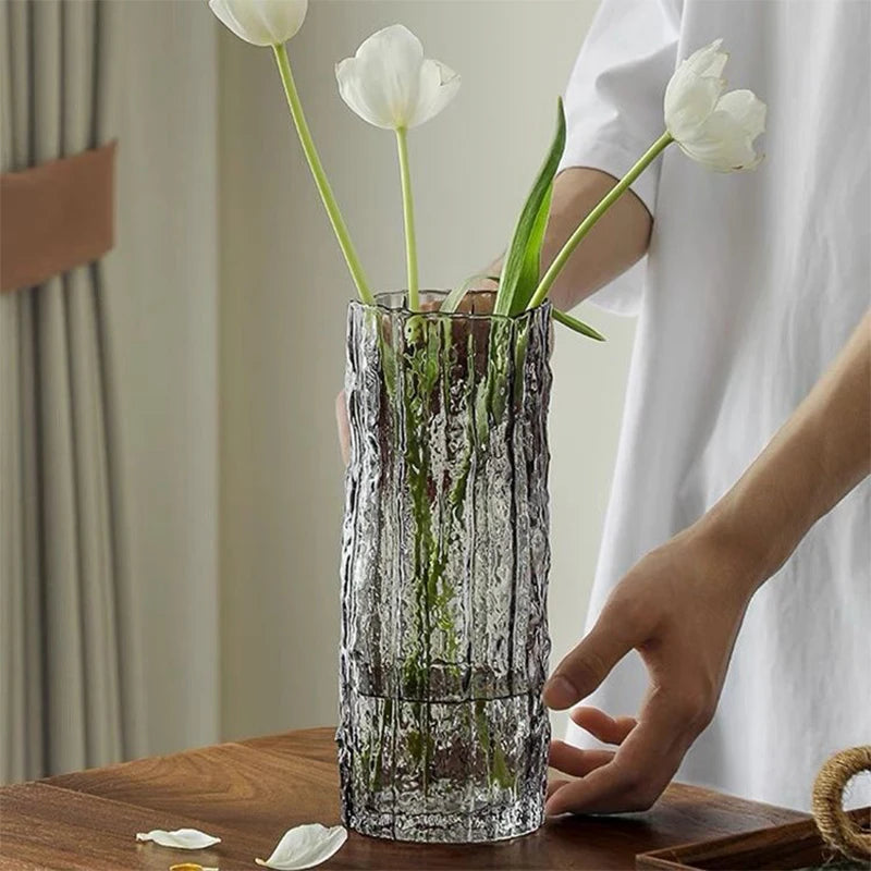 1PCS Minimalist Wind Glacier Vase Transparent Glass Vase Light Luxury High Sense Large Vase Living Room Dining Table Decoration