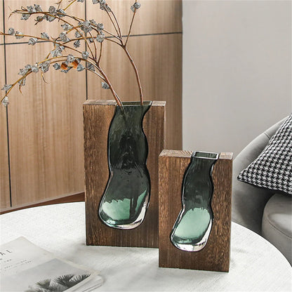 Nordic Flower Vase Luxury Wooden Green Glass Vase Designer Living Room Decoration Flower Pots Decorative Vase for Home Decor