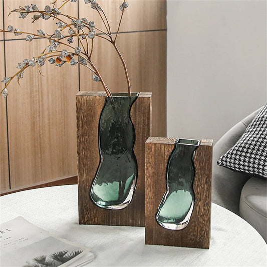 Nordic Flower Vase Luxury Wooden Green Glass Vase Designer Living Room Decoration Flower Pots Decorative Vase for Home Decor