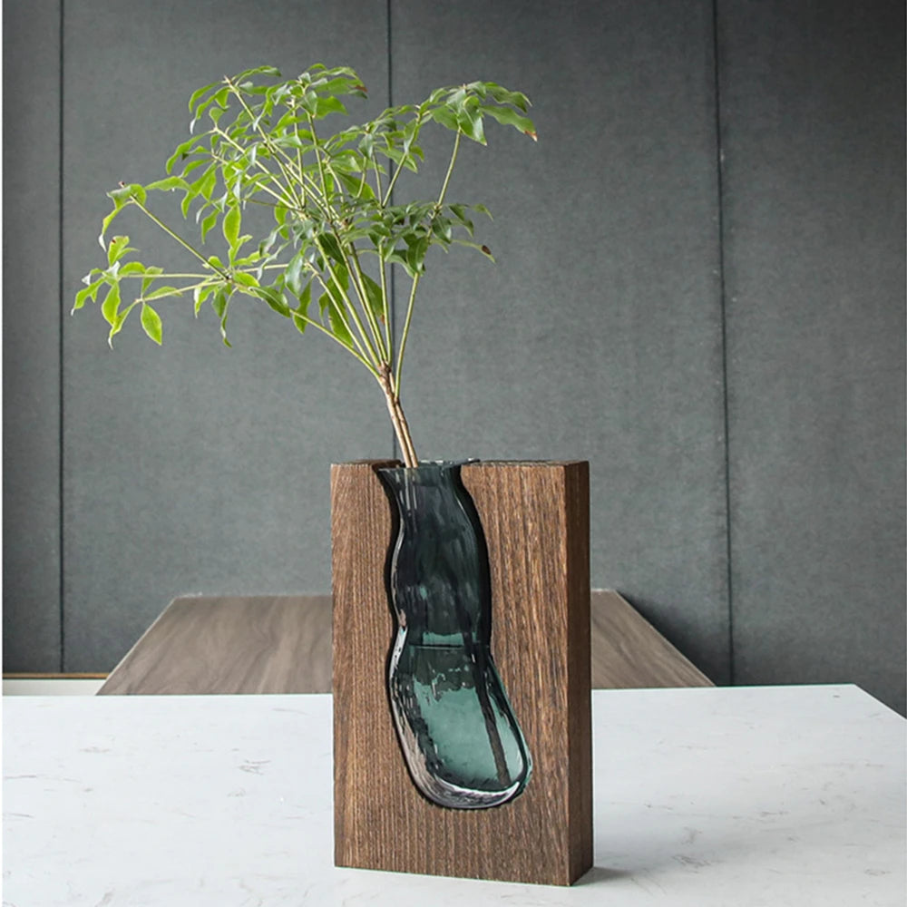 Nordic Flower Vase Luxury Wooden Green Glass Vase Designer Living Room Decoration Flower Pots Decorative Vase for Home Decor
