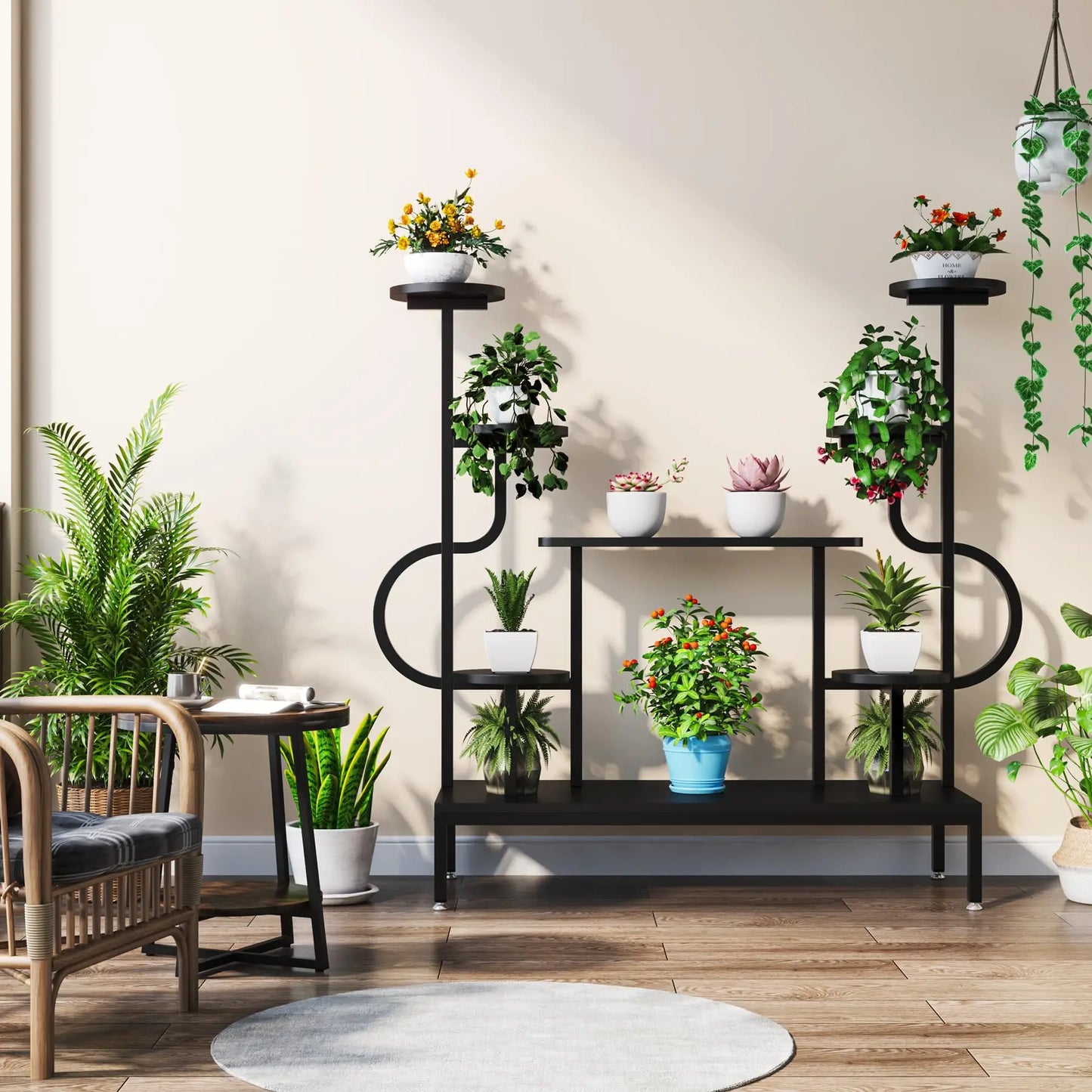 Tribesigns 8-Tier Metal Plant Stand, Large Tall Plant Shelf for Multiple Plants, round & Square Boards, Wood Indoor Ladder Holde