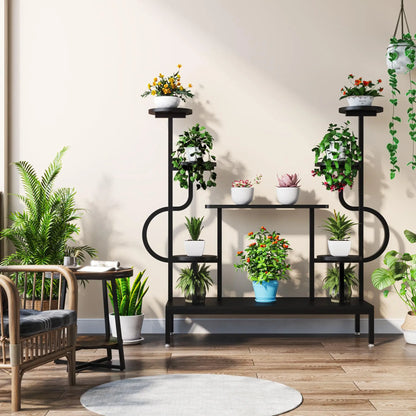 Tribesigns 8-Tier Metal Plant Stand, Large Tall Plant Shelf for Multiple Plants, round & Square Boards, Wood Indoor Ladder Holde
