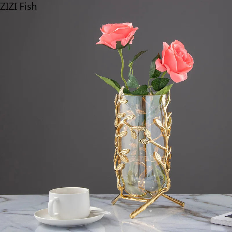 Glass Vase Hollow Gold Metal Frame Branches Rattan Transparent Glass Flower Vase Flower Arrangement Hydroponics Home Decoration