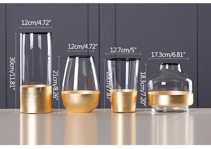 Nordic European, Clear, Modern, Golden Cylinder Glass Vase