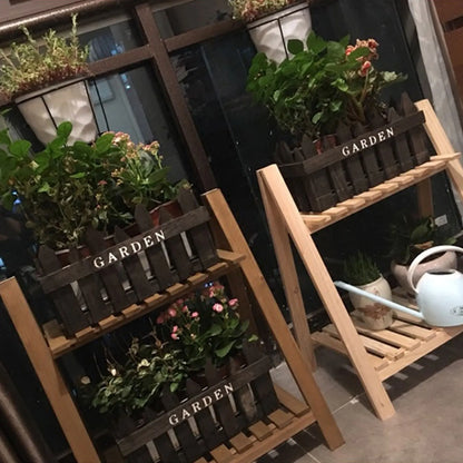 2-Tier - Foldable Wooden Plant Stand Rugged and Durable Double-Layer Trapezoidal Design