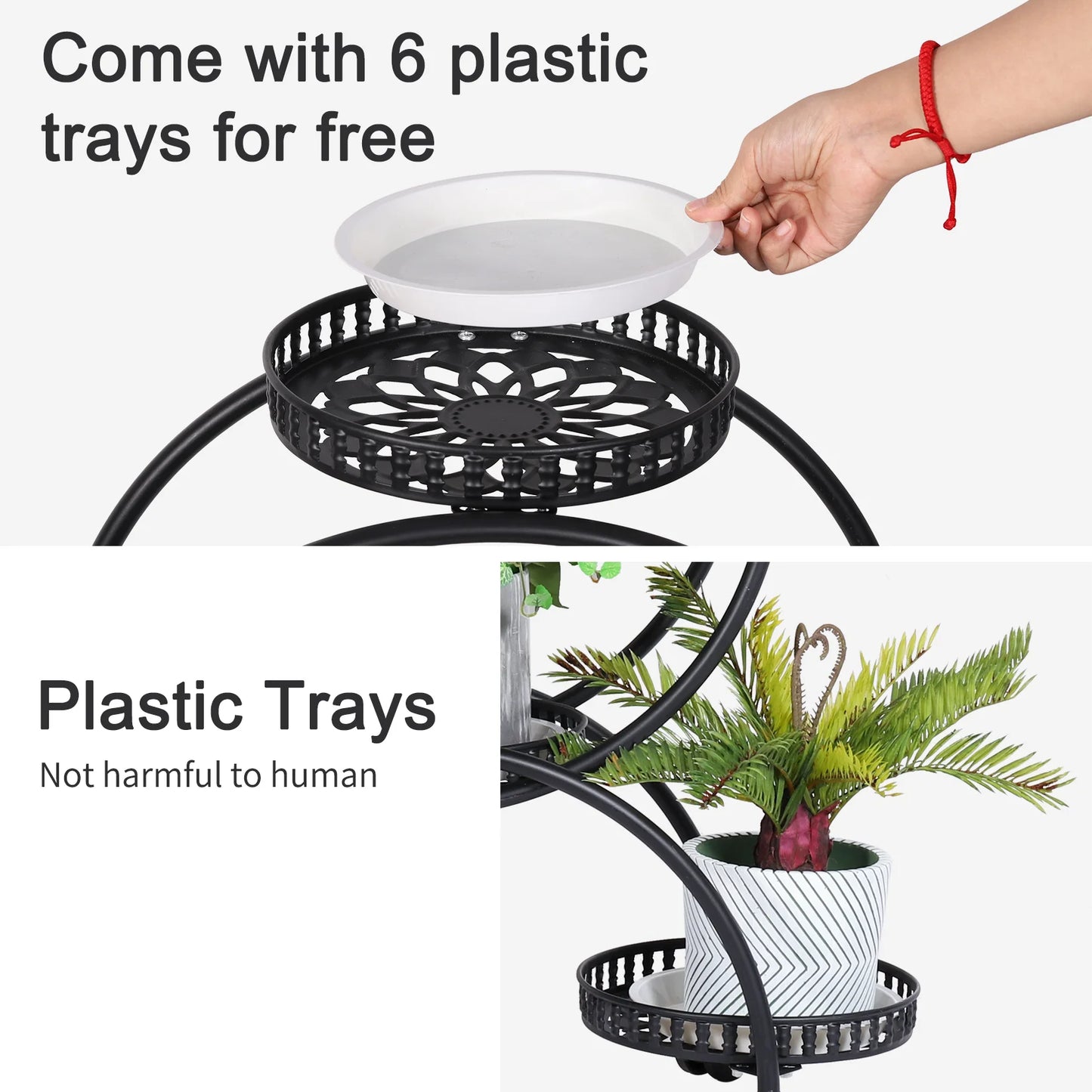 6-Pot Metal Plant Stand, Multi-Layer, Decorative Plant Holder Flower Pot Rack with Wheels