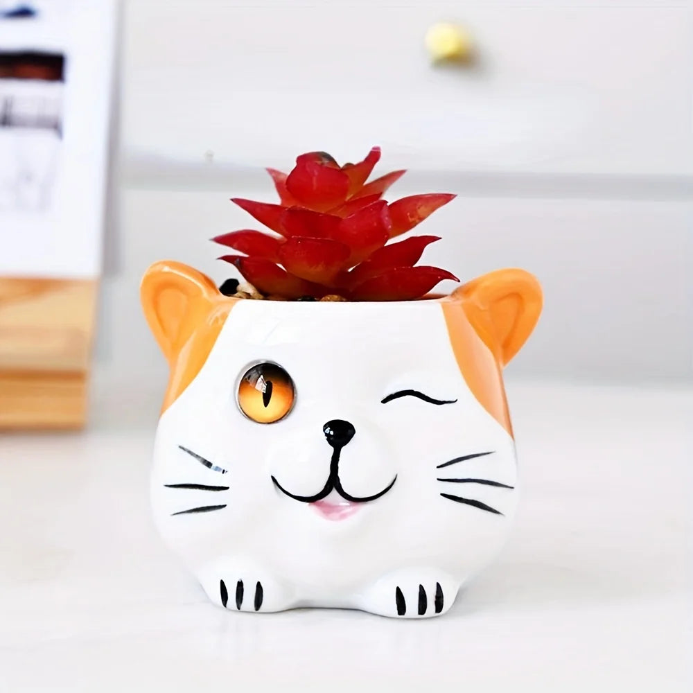 Cat Shaped Ceramic Flower Pots with Drainage(Sets of 3)