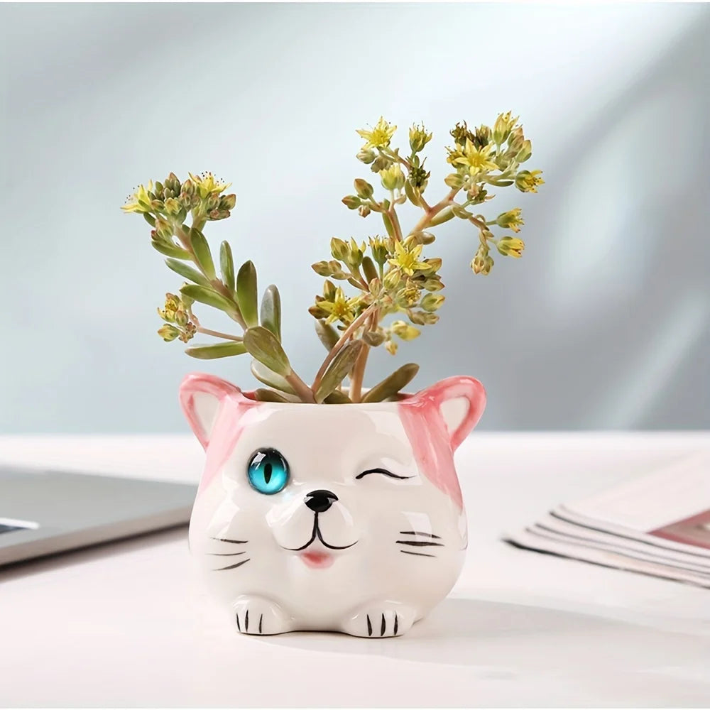 Cat Shaped Ceramic Flower Pots with Drainage(Sets of 3)