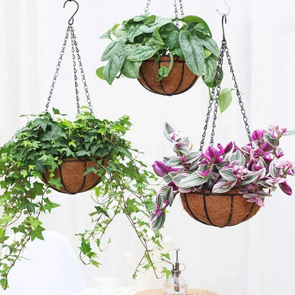 Flower Plant Basket Rattan Planter Iron Coconut Fiber Hooks with Rust-Proof Jacket Art Hanging Pots Outdoor Garden Decoration