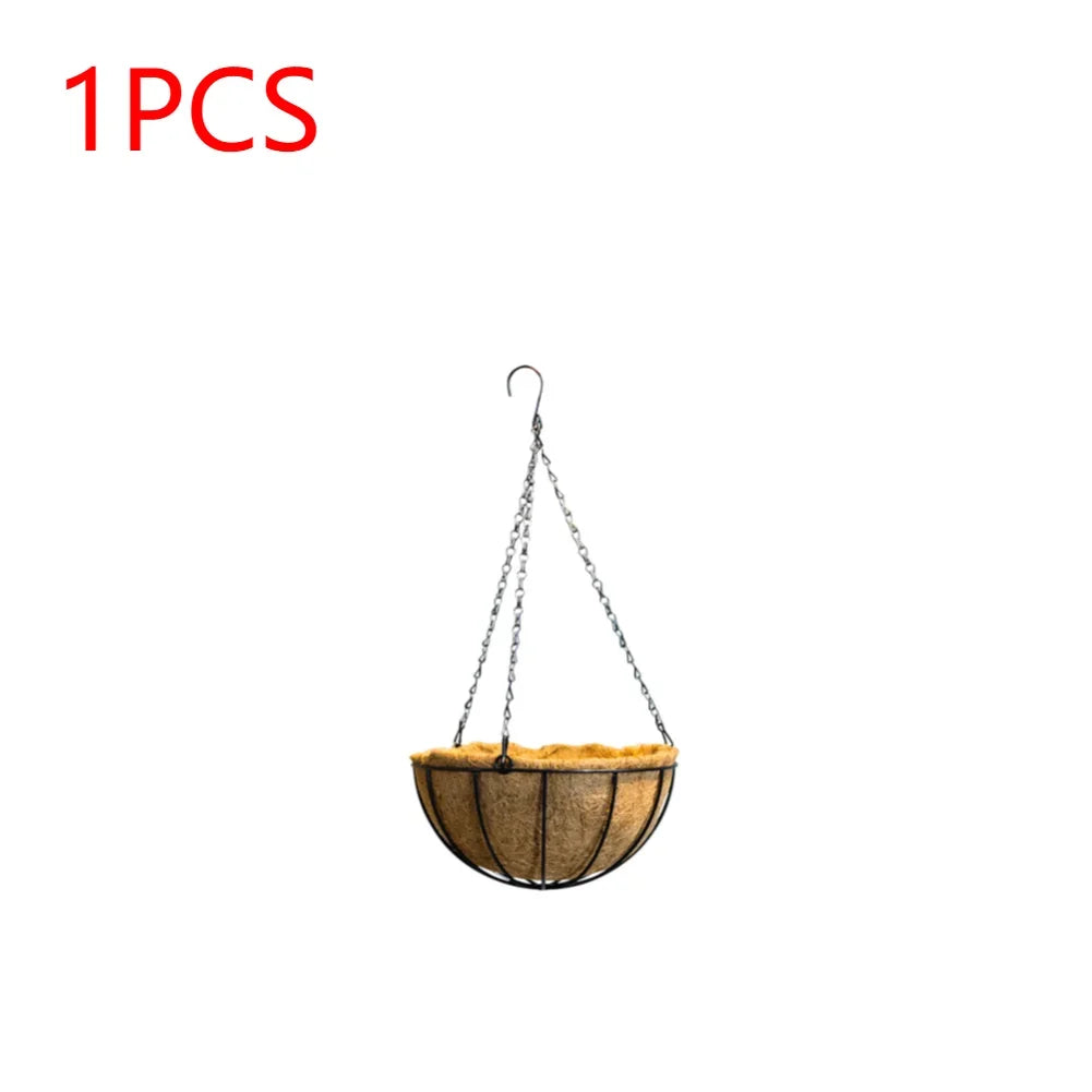 Flower Plant Basket Rattan Planter Iron Coconut Fiber Hooks with Rust-Proof Jacket Art Hanging Pots Outdoor Garden Decoration