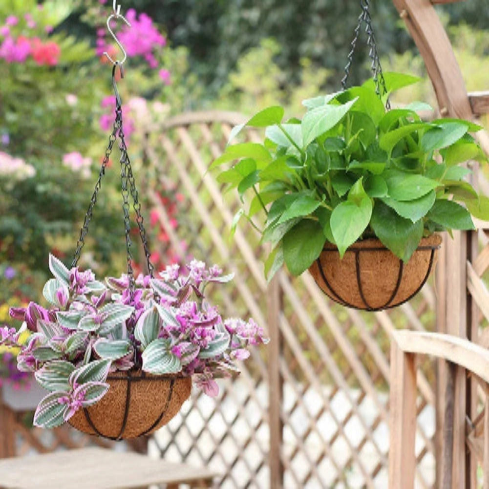 Flower Plant Basket Rattan Planter Iron Coconut Fiber Hooks with Rust-Proof Jacket Art Hanging Pots Outdoor Garden Decoration