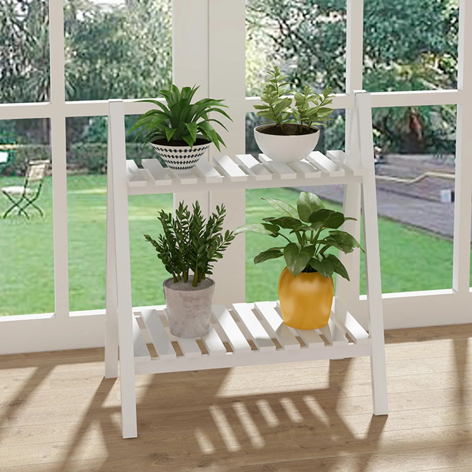 Wooden Plant Stand Rugged and Durable Double-Layer Trapezoidal Design Household 2 Tier Foldable Flower Pot Display Shelf Rack