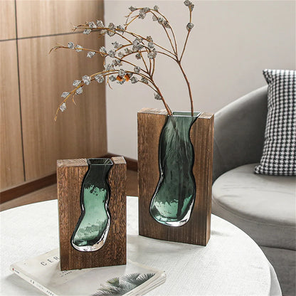 Nordic Flower Vase Luxury Wooden Green Glass Vase Designer Living Room Decoration Flower Pots Decorative Vase for Home Decor