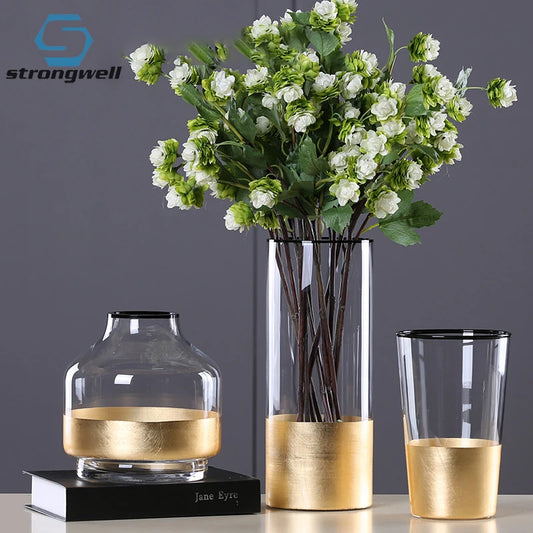 Nordic Glass Vase Gold Foil Modern Golden Glass Vase European Clear Cylinder Flower Vase Decoration Home Tabletop
