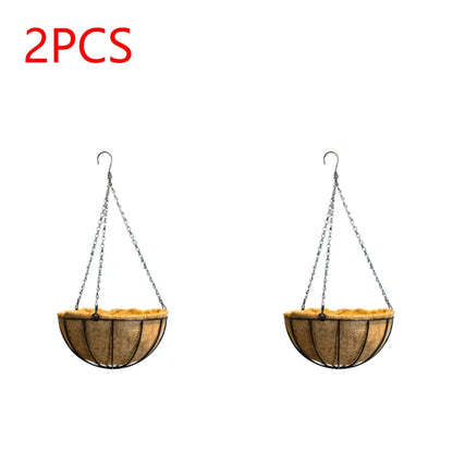 Flower Plant Basket Rattan Planter Iron Coconut Fiber Hooks with Rust-Proof Jacket Art Hanging Pots Outdoor Garden Decoration