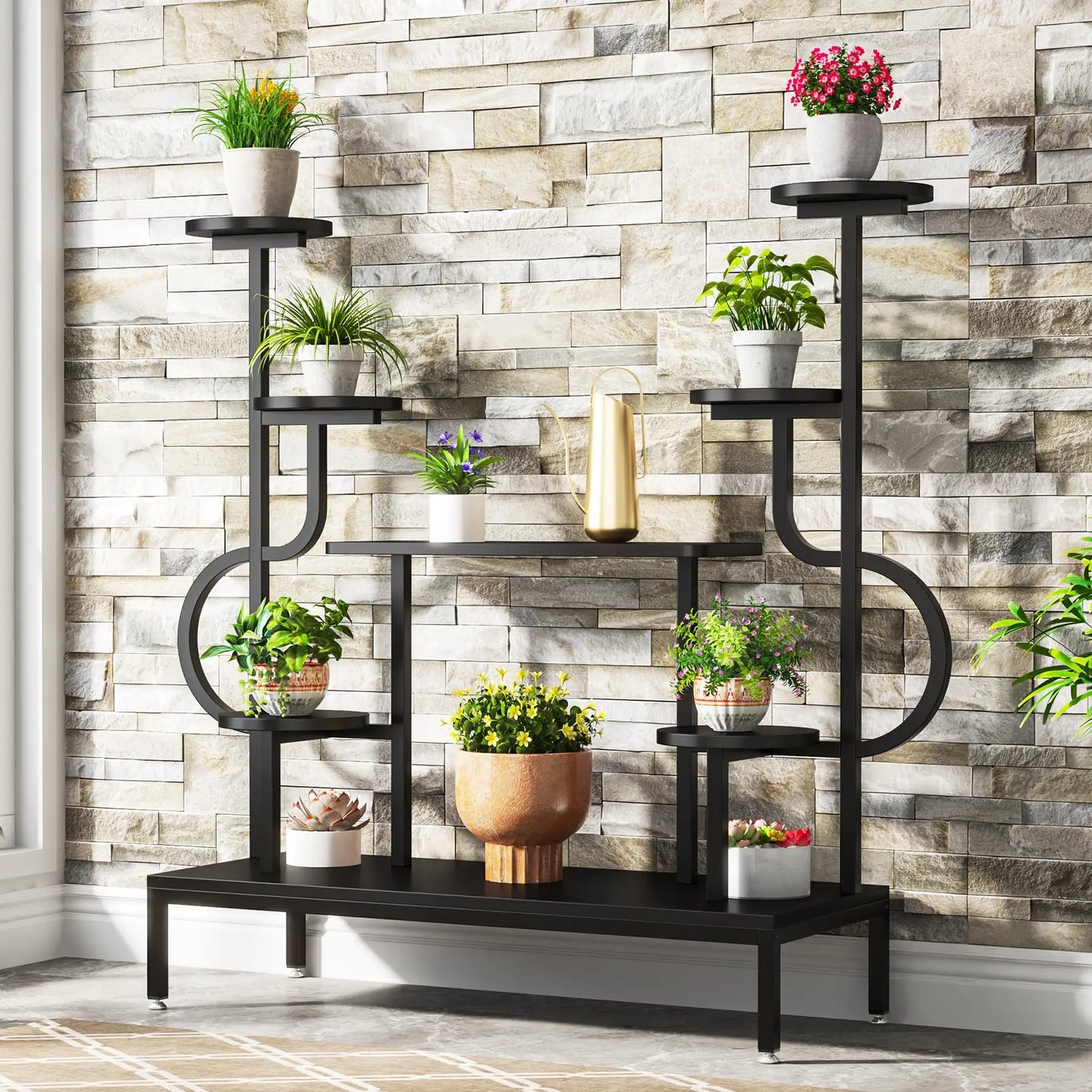 Tribesigns 8-Tier Metal Plant Stand, Large Tall Plant Shelf for Multiple Plants, round & Square Boards, Wood Indoor Ladder Holde