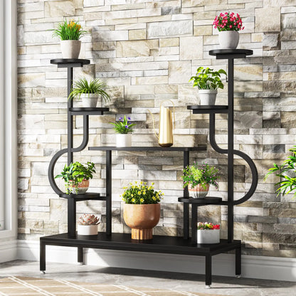 Tribesigns 8-Tier Metal Plant Stand, Large Tall Plant Shelf for Multiple Plants, round & Square Boards, Wood Indoor Ladder Holde