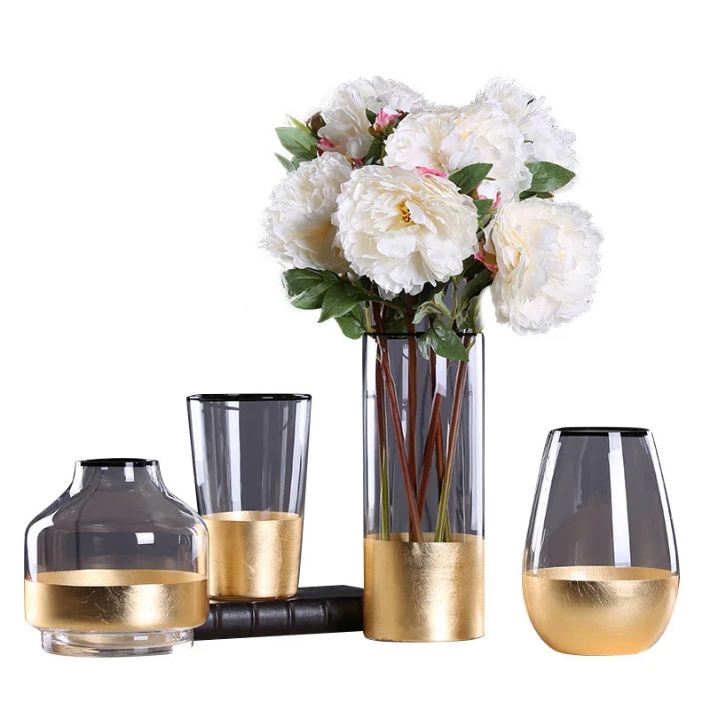 Nordic Glass Vase Gold Foil Modern Golden Glass Vase European Clear Cylinder Flower Vase Decoration Home Tabletop