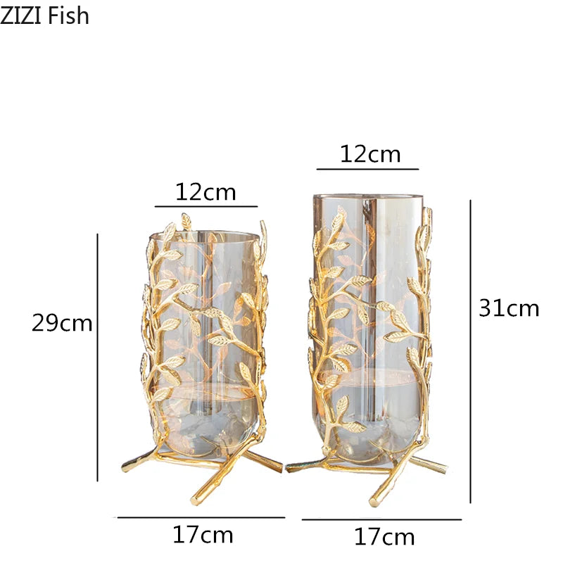 Glass Vase Hollow Gold Metal Frame Branches Rattan Transparent Glass Flower Vase Flower Arrangement Hydroponics Home Decoration