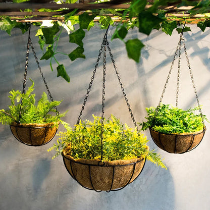 Flower Plant Basket Rattan Planter Iron Coconut Fiber Hooks with Rust-Proof Jacket Art Hanging Pots Outdoor Garden Decoration