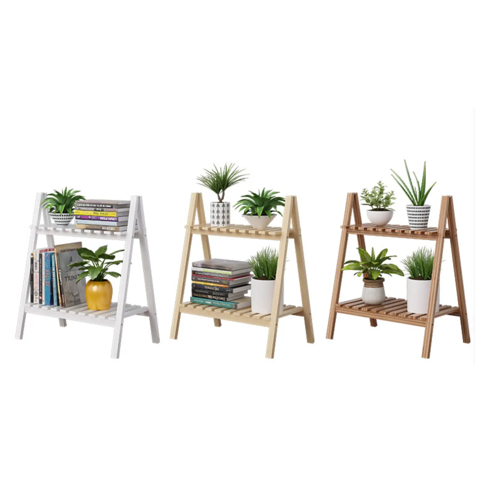Wooden Plant Stand Rugged and Durable Double-Layer Trapezoidal Design Household 2 Tier Foldable Flower Pot Display Shelf Rack