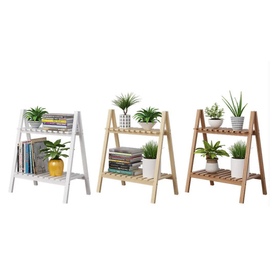 Wooden Plant Stand Rugged and Durable Double-Layer Trapezoidal Design Household 2 Tier Foldable Flower Pot Display Shelf Rack