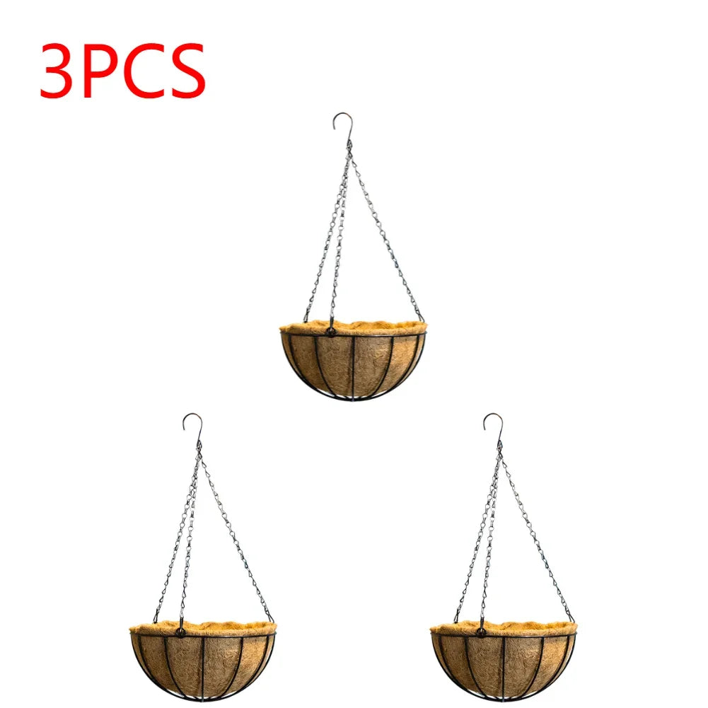 Flower Plant Basket Rattan Planter Iron Coconut Fiber Hooks with Rust-Proof Jacket Art Hanging Pots Outdoor Garden Decoration