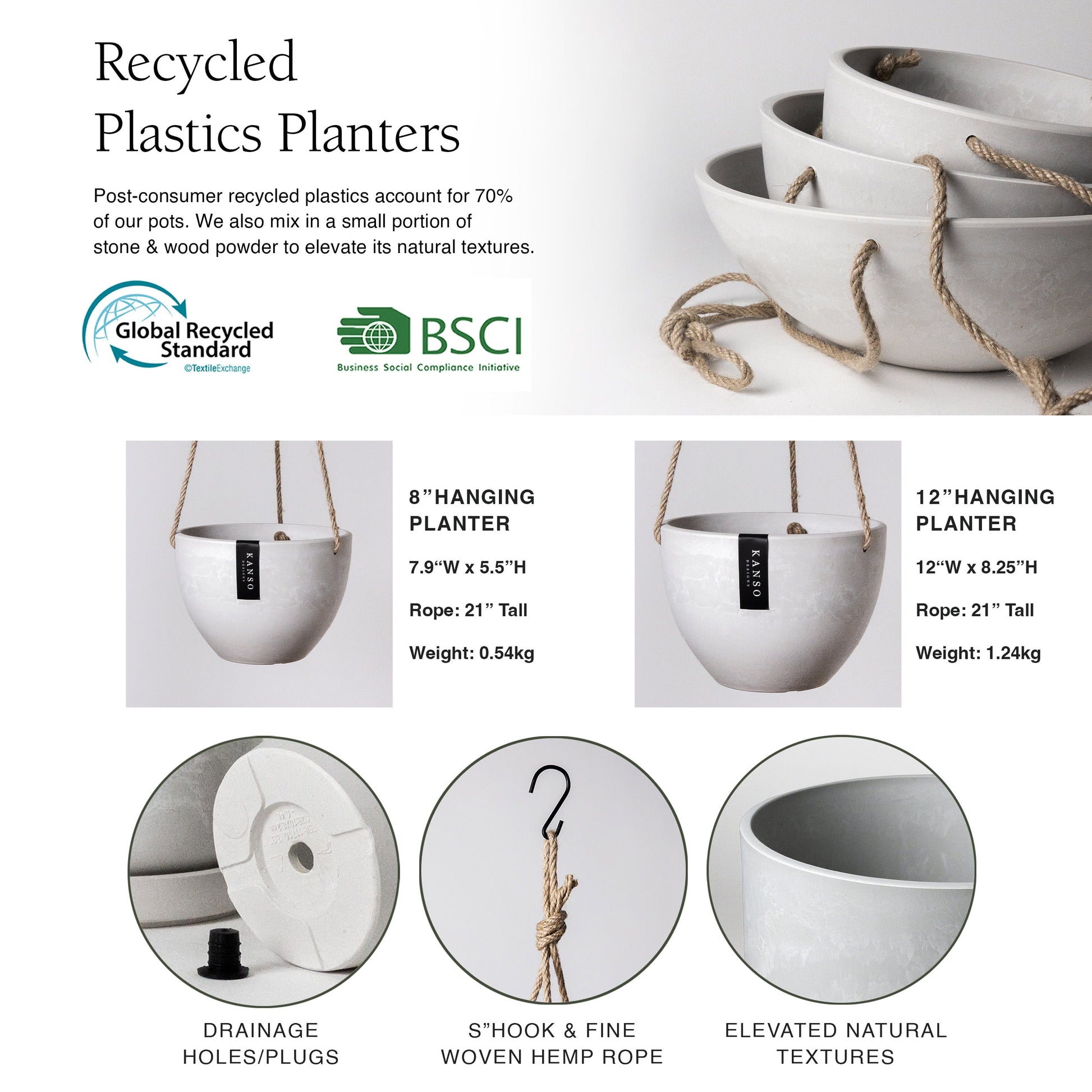 Hanging Planter Pot with Drainage Hole | Indoor Hanging Pots| 8" or 12" Succulent Plant Pot | Imitation Concrete Ceramic Hanging Planter Pot